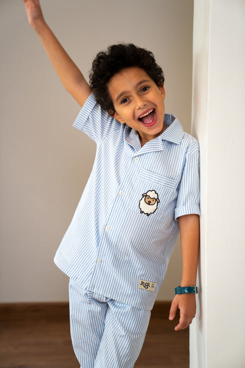 Kids Unisex Sheep Pjs Set Light Blue Stripes Buttoned shirt + Pants